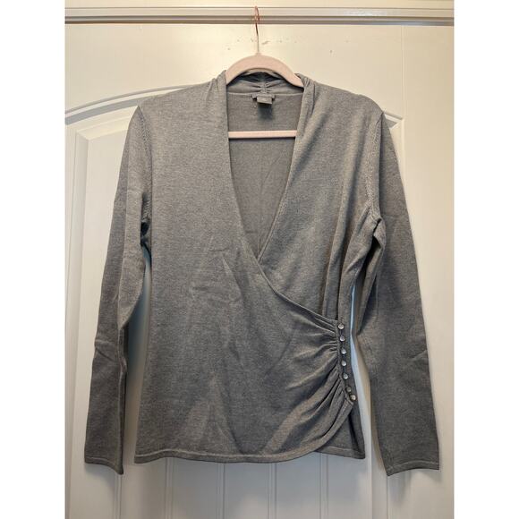 Ann Taylor Petites Women’s V-Neck Button‎ Side Wrap Ruched Sweater Size MP Gray - Picture 1 of 6